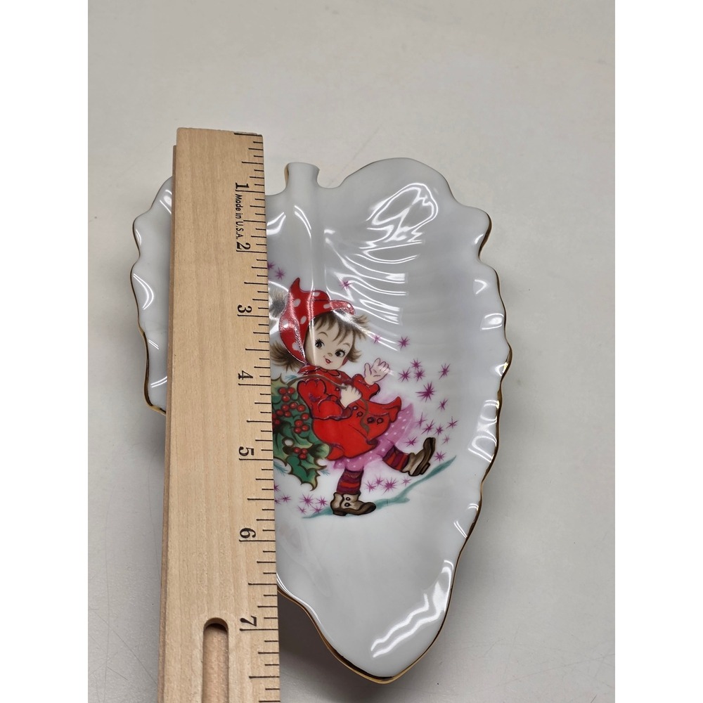 Vintage Lefton China Christmas Leaf Dish Hand Painted Girl Holly 443P Japan Gold - Picture 5 of 6